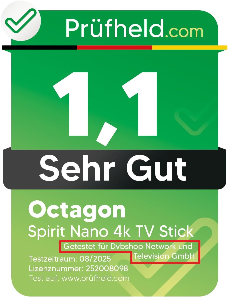 [ Test SEHR GUT, Note 1.1 *] OCTAGON Spirit Nano 4K UHD Android TV Stick + DVBSHOP HDMI Adapter, für
