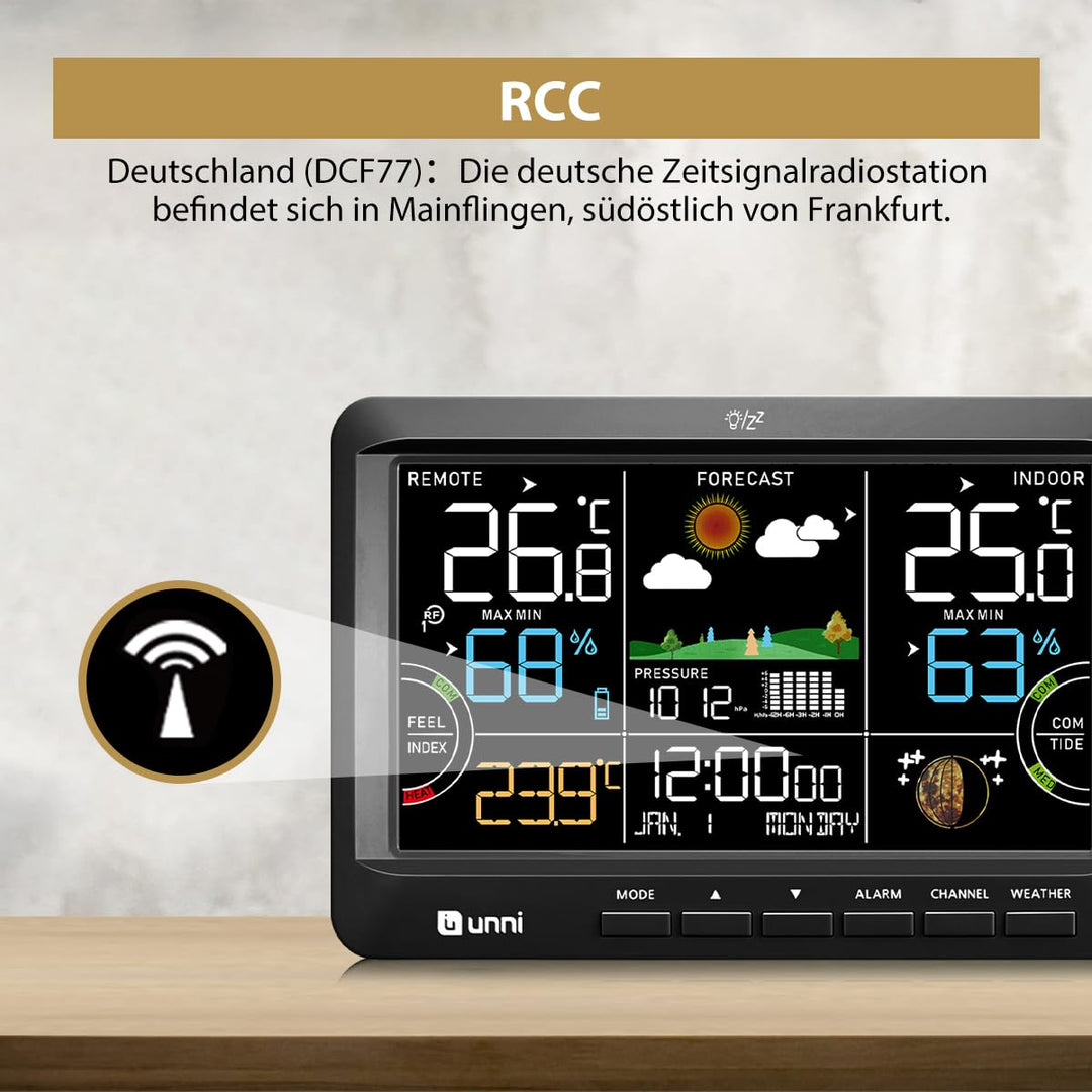 Funk Wetterstation mit Aussensensor Batteriebetrieb und Netzbetrieb mit DCF Funkuhr， Wettervorhersag