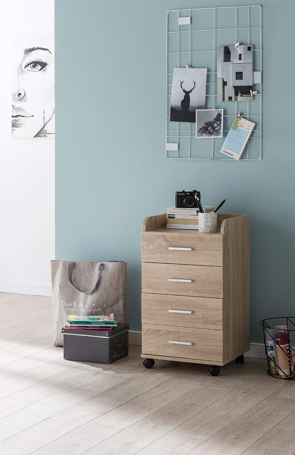 Wohnling Rollcontainer 40x33x70,5 cm Sonoma mit 4 Schubladen | Schreibtisch-Container mit Rollen, Ro