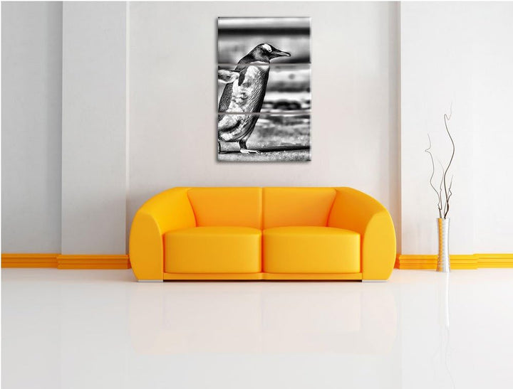 Monocrome, Pinguin am Strand 3-Teiler Leinwandbild 120x80 Bild auf Leinwand