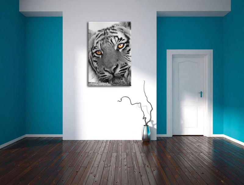 Pixxprint entspannter Tiger schwarz/weiss als Leinwandbild/Grösse: 100x70 cm/Wandbild/Kunstdruck/fer