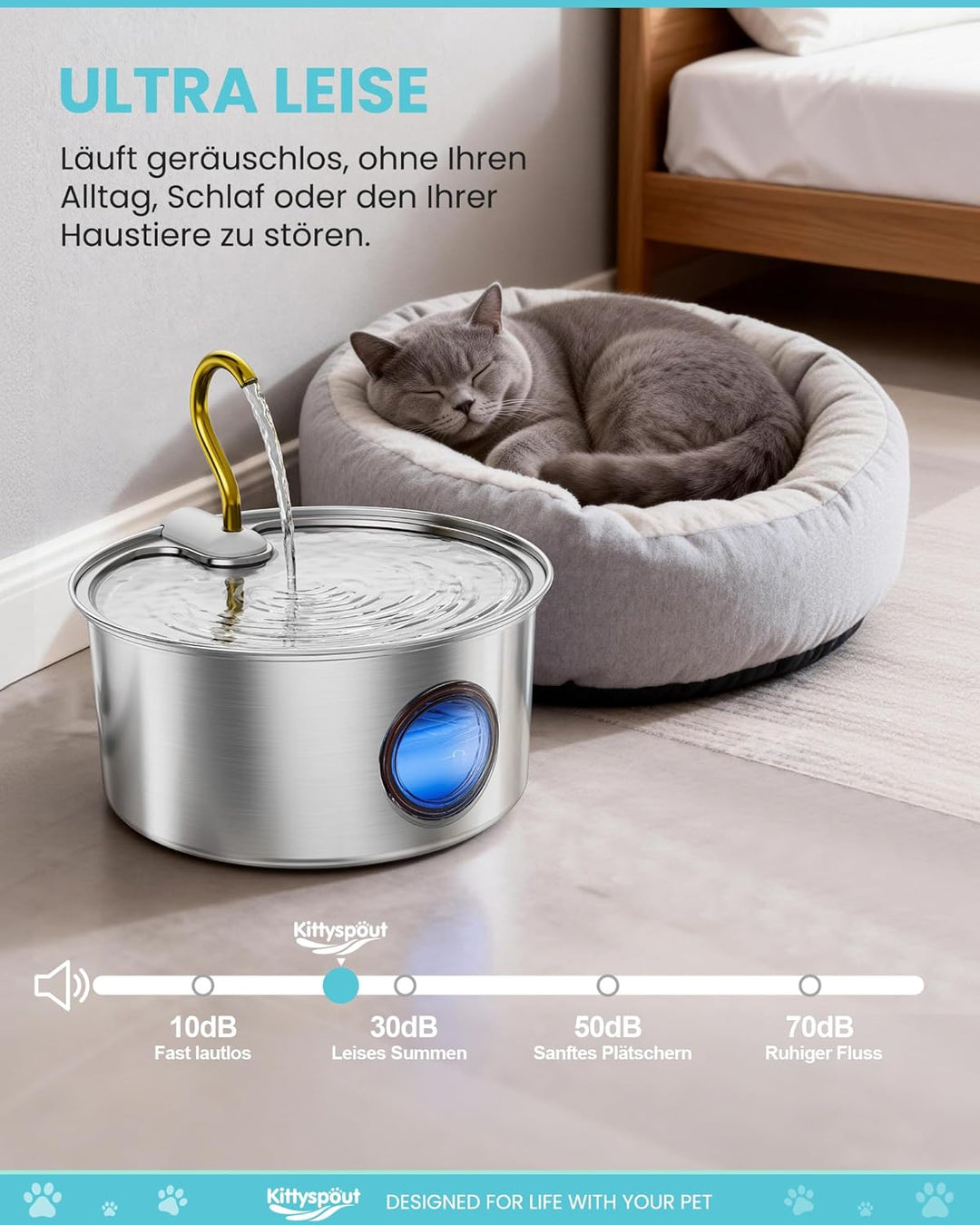 Kittyspout Katzenbrunnen 3.2L, Trinkbrunnen für Katze aus Edelstahl mit Schwänenhals-Design, Spülmas