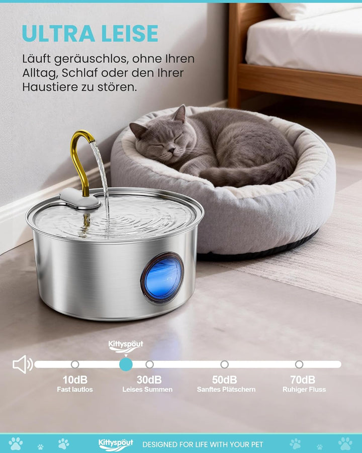 Kittyspout Katzenbrunnen 3.2L, Trinkbrunnen für Katze aus Edelstahl mit Schwänenhals-Design, Spülmas