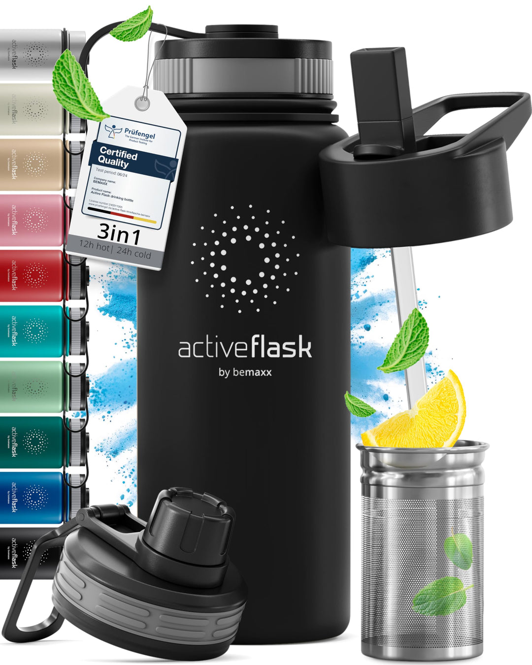 Trinkflasche Edelstahl ACTIVE FLASK + Strohhalm (3 Deckel) BPA-frei, Auslaufsicher, Kohlensäure geei