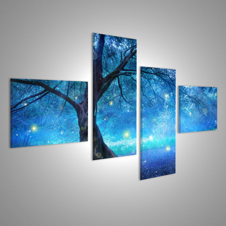 Bild auf Leinwand Feenbaum im mystischen Wald Wandbild Poster Leinwandbild 150x80 4-teilig, 150x80 4