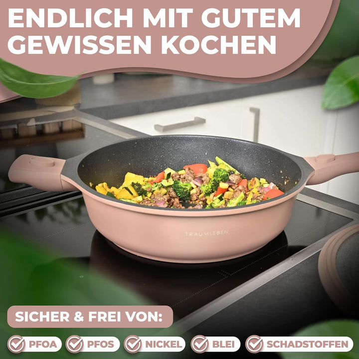 TRAUMLEBEN® Bratpfanne 28 cm mit Deckel, abnehmbaren Griffen &amp; Hitzeindikatoren | PFOA-frei &amp; für In