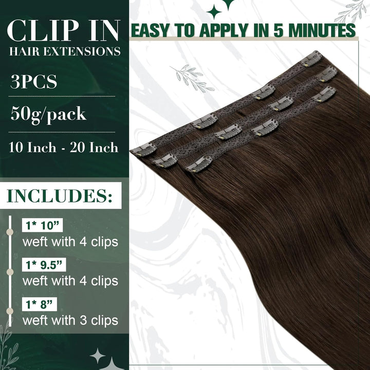 RUNATURE Echthaar Extensions Clip Braun Haarverlängerung 25cm Gerade Clip in Extensions Echthaar Dun