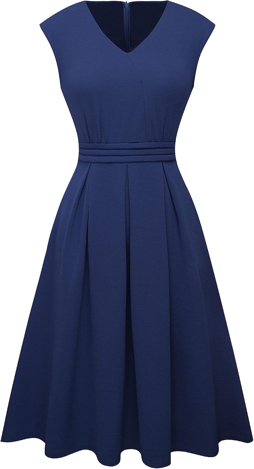 HOMEYEE Damen Vintage 50er Ärmellos Cocktail Retro mit Pocket Flared Kleid A196, XXL Dunkelblau