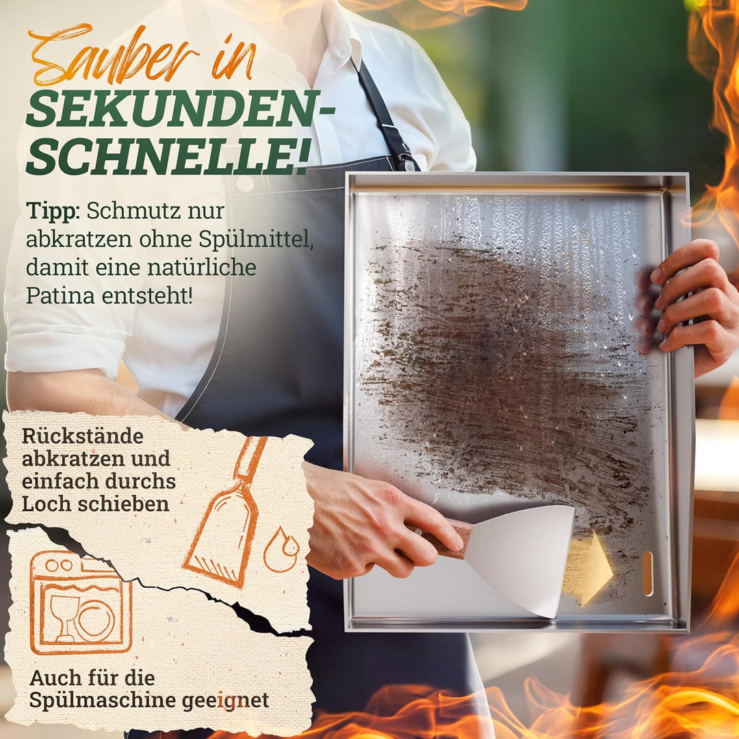 LIKAYA® Grillplatte/Plancha [30 x 40 x 4cm], massiver 4mm V2A Edelstahl inkl. 2x Grillspachteln mit
