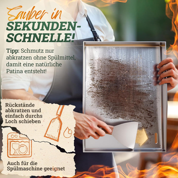 LIKAYA® Grillplatte/Plancha [30 x 40 x 4cm], massiver 4mm V2A Edelstahl inkl. 2x Grillspachteln mit