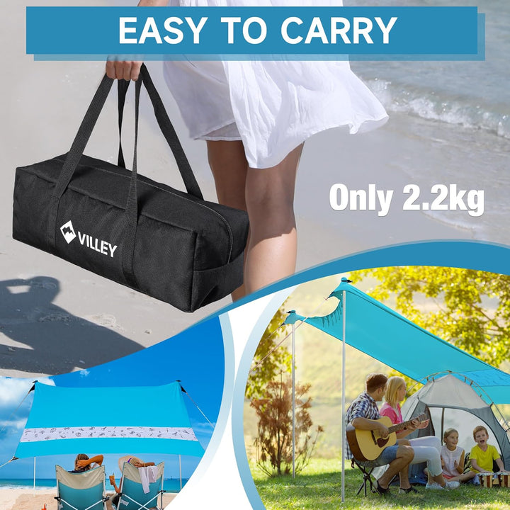 VILLEY Sonnenzelt 2m x 2,4m Blau, UPF50+ UV Schutz Lycra Strandzelt für 3 Personen, Sonnenschirm Str