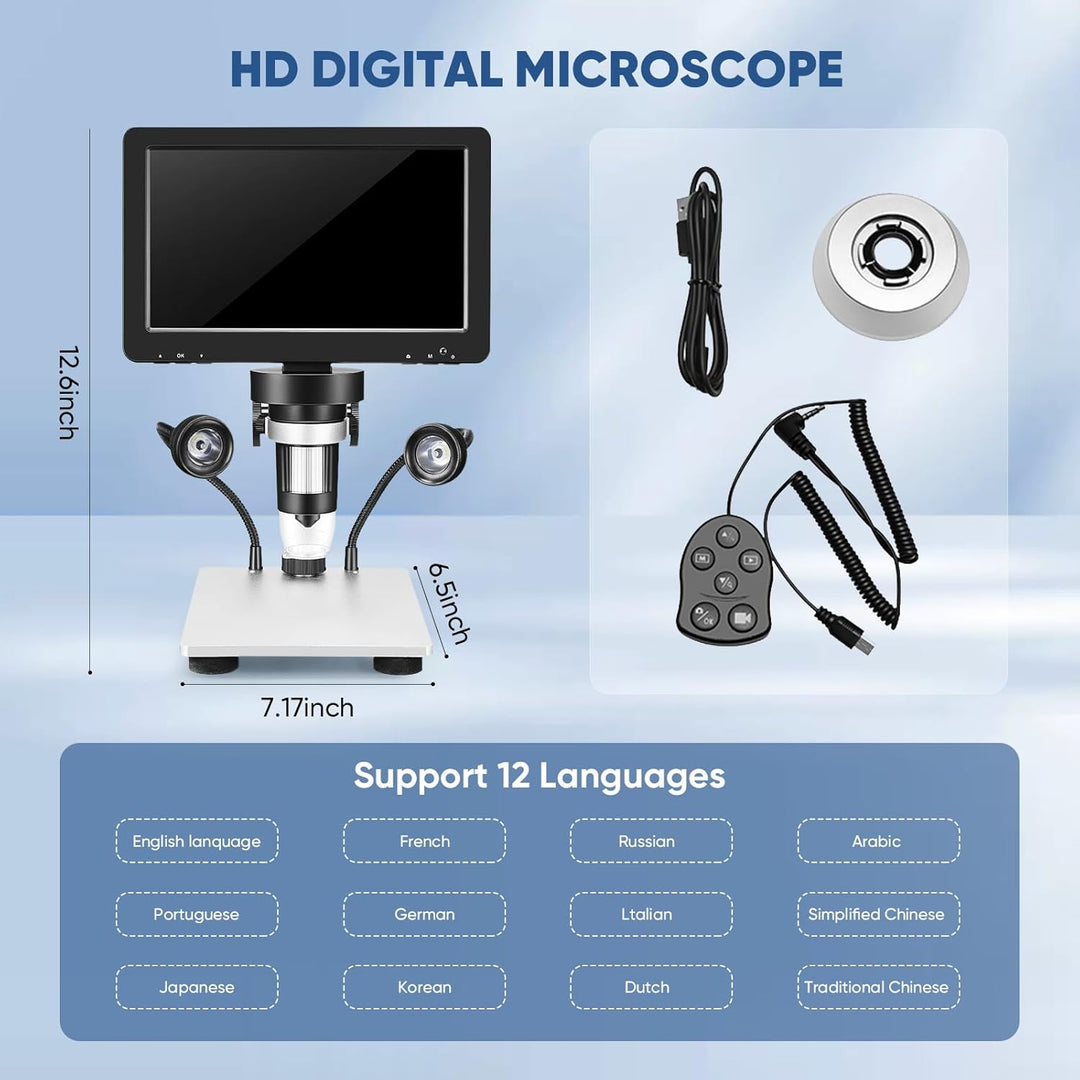 Professionelles Mikroskop 7 Zoll 1200 x 12 MP Digitales Mikroskop mit drehbarem HD-Display/8 LED-Leu
