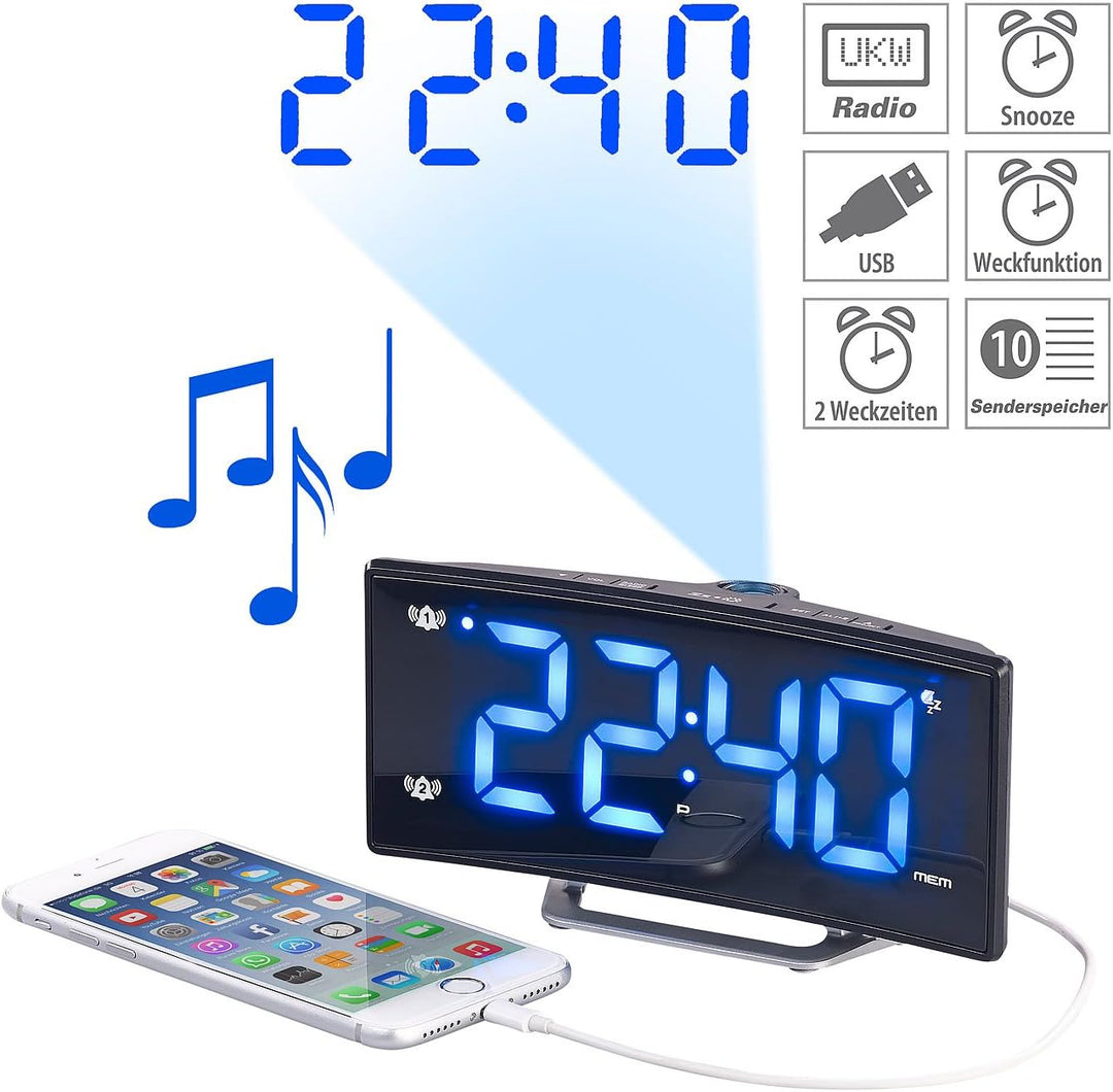 auvisio Projektionswecker mit gebogenem Display, Doppelalarm & USB-Ladeanschluss (Wecker mit Projekt
