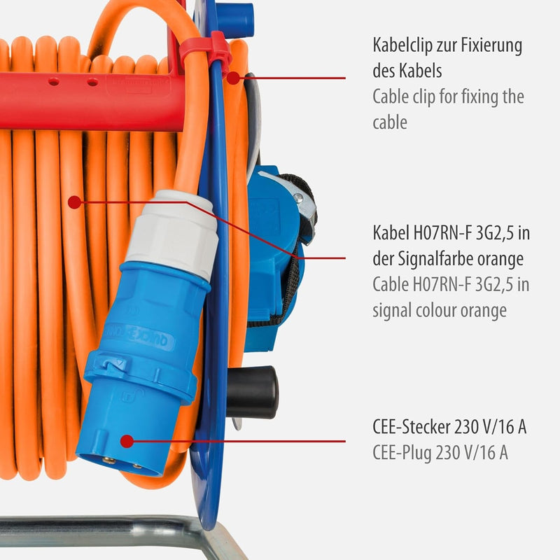 Brennenstuhl Camping-Kabeltrommel / CEE 230V Kabeltrommel 25m (H07RN-F 3G2,5 in orange, CEE-Winkelku