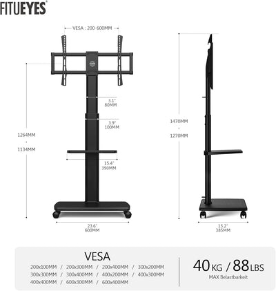 FITUEYES TV Bodenständer Rollbar mit Holzablage TV Standfuss TV Ständer Fernsehstand mit Rollen höhe