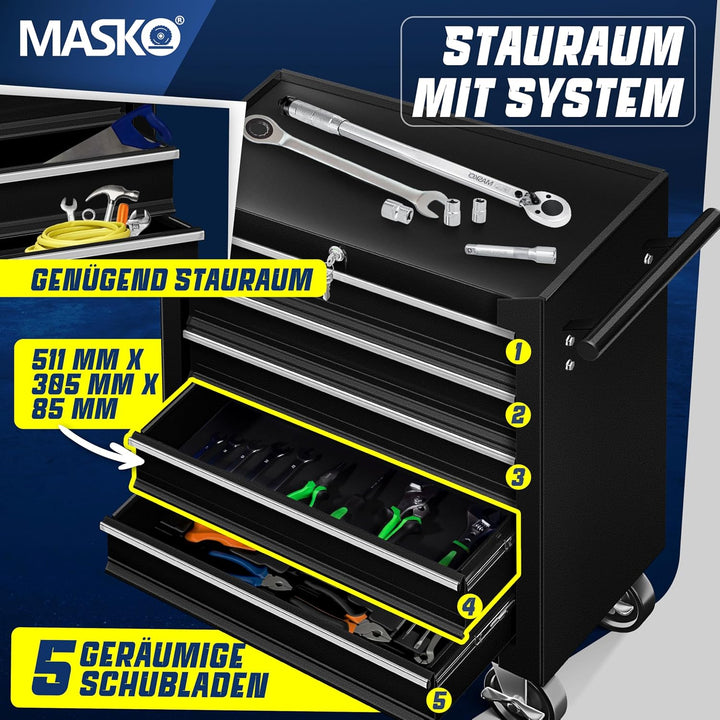 Masko® Werkstattwagen - 5 Schubladen, schwarz ✓ Abschliessbar ✓ Massives Metall | Mobiler Werkzeug-W