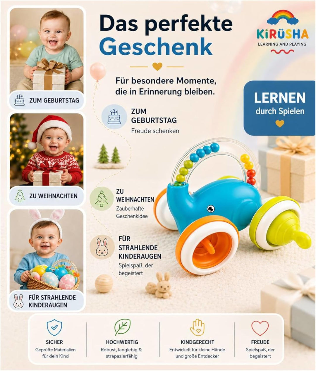 Motorikspielzeug mit Greifring 3in1, Babyspielzeug Rassel ab 3-24 Monate, Entwicklungsspielzeug mit