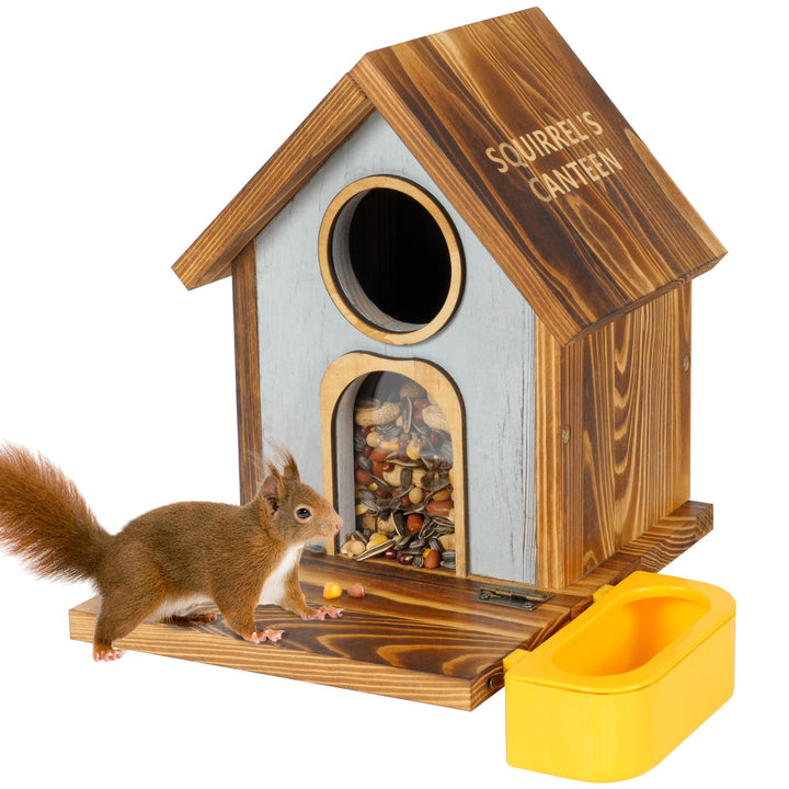 MIXXIDEA Eichhörnchen-Futterstation aus Holz mit Wasserschale, grosse Kapazität, Eichhörnchen-Futter