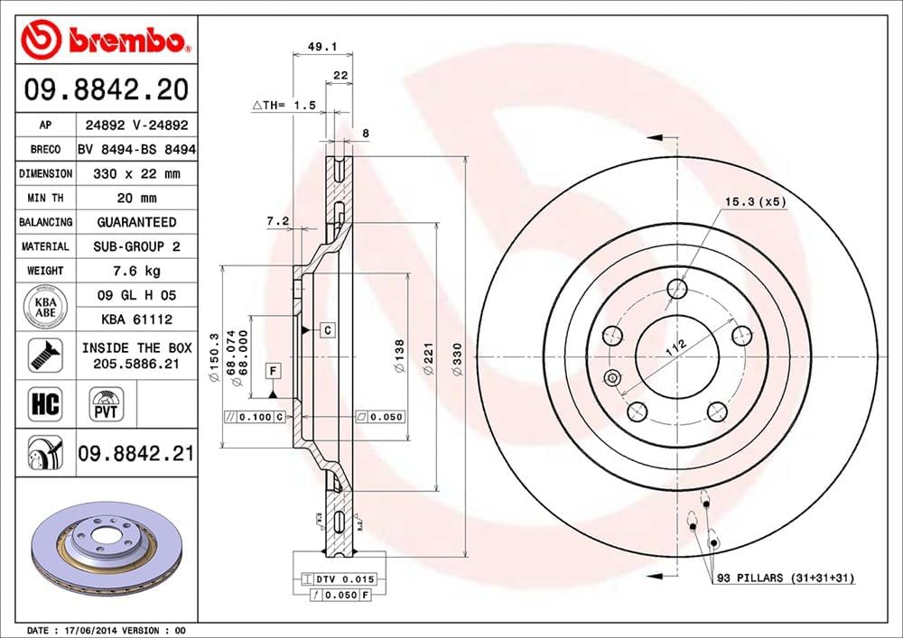 Brembo 09.8842.21 COATED DISC LINE Bremsscheibe - 1 Stück