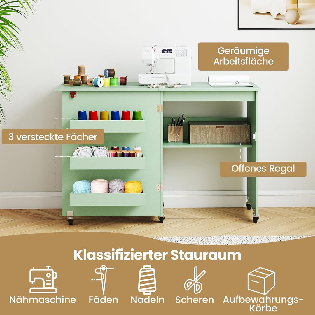 COSTWAY 2 in 1 Nähtisch klappbar, Nähmaschinenschrank Holz mit Regalen & Ablagefach, Nähschrank mit