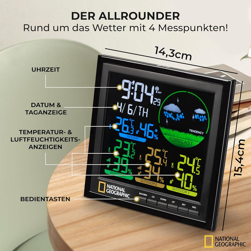 National Geographic Wetterstation Funk mit Aussensensor VA Farb-Wetterstation mit 4 Messbereichen fü