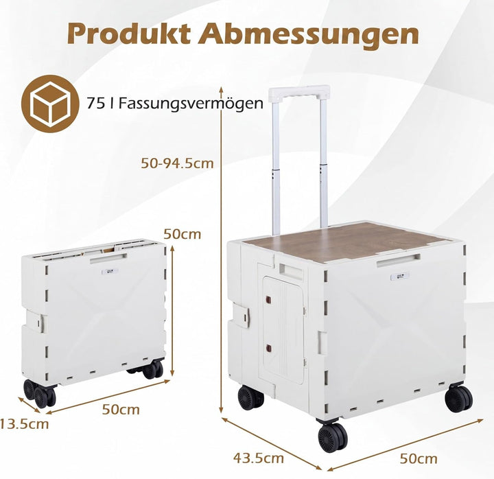 COSTWAY Einkaufstrolley klappbar, Einkaufswagen 75L, Einkaufskorb mit Deckel, Rollen & verstellbarem