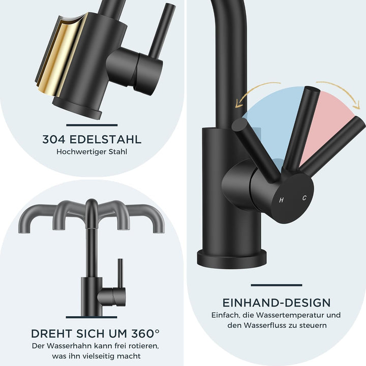 FORIOUS Wasserhahn Bad Schwarz 360° Drehbar, Waschtischarmatur Schwarz Hoch Warm/Kaltwasser Edelstah