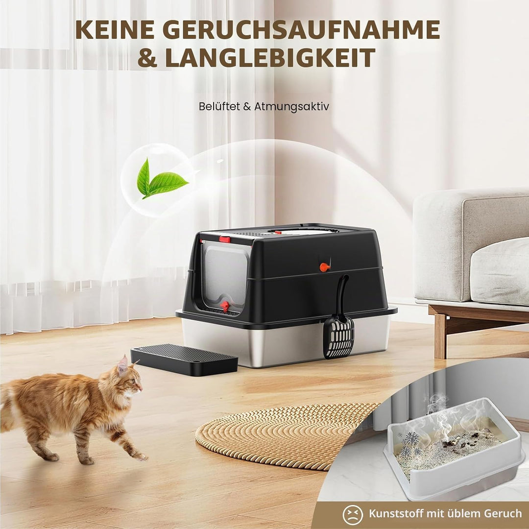 Edelstahl Katzenklo XXL aus V2A – 62 cm Geschlossene Katzentoilette mit 160° Klappdeckel, 3-in-1 Des
