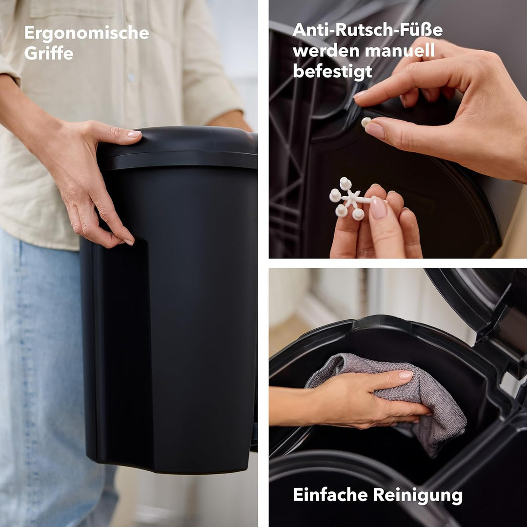 Rotho Trio Mülleimer 1x 10l + 2x 15l zur Mülltrennung mit Deckel, Kunststoff (PP) BPA-frei, schwarz,