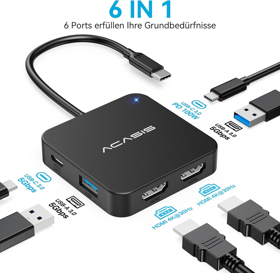 ACASIS USB-C Hub 10 Gbps, 6-in-1 Multiport Adapter mit 4K@60Hz HDMI, 100W PD, USB-A-3.2-Datenanschlu