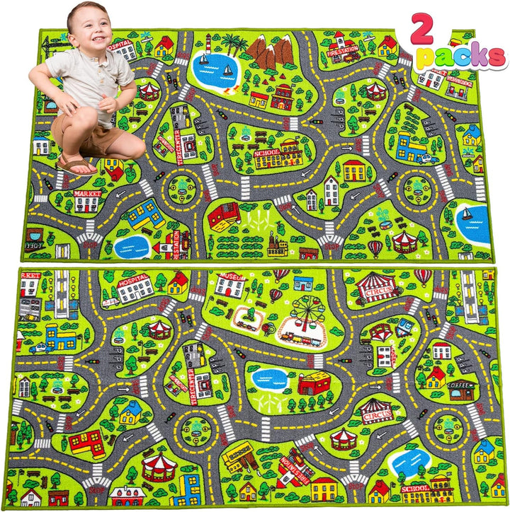 2 Teppich Kinderzimmer 80x150cm (Gesamt 160x150cm) für Kinder ab 3 Jahren, Spielteppich Strasse Kind