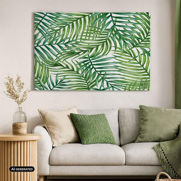 Bilder auf Leinwand 100x70cm Leinwandbild mit Rahmen Palme Blatt grün Gross Wanddeko Bild Schlafzimm