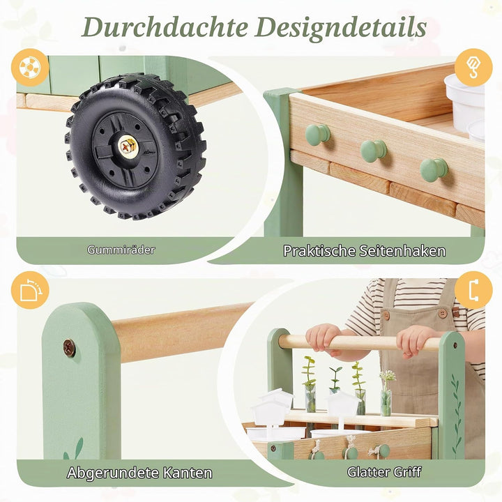 ROBUD Kinder Gartengeräte mit Holzwagen, Gartenwerkzeug mit Giesskanne, Schaufel, Handrechen, Pflanz