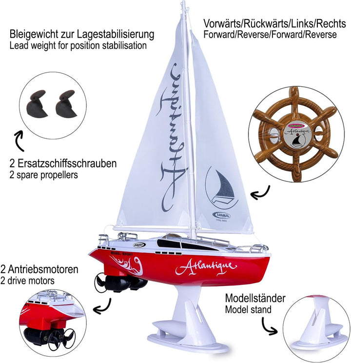 Jamara 040250 Atlantique Segelboot 2 Kanal 27MHz, RC Boot, 2 Antriebsmotoren, Weiss, S