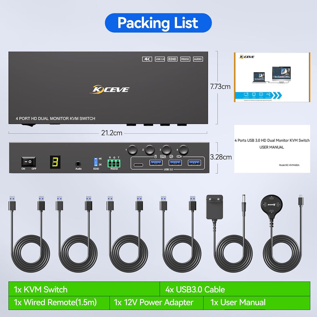 4 Port HDMI KVM Switch 4 PC 2 Monitore 4K@60Hz EDID-Simulation, Dual Monitor KVM Switch mit 4 USB 3.