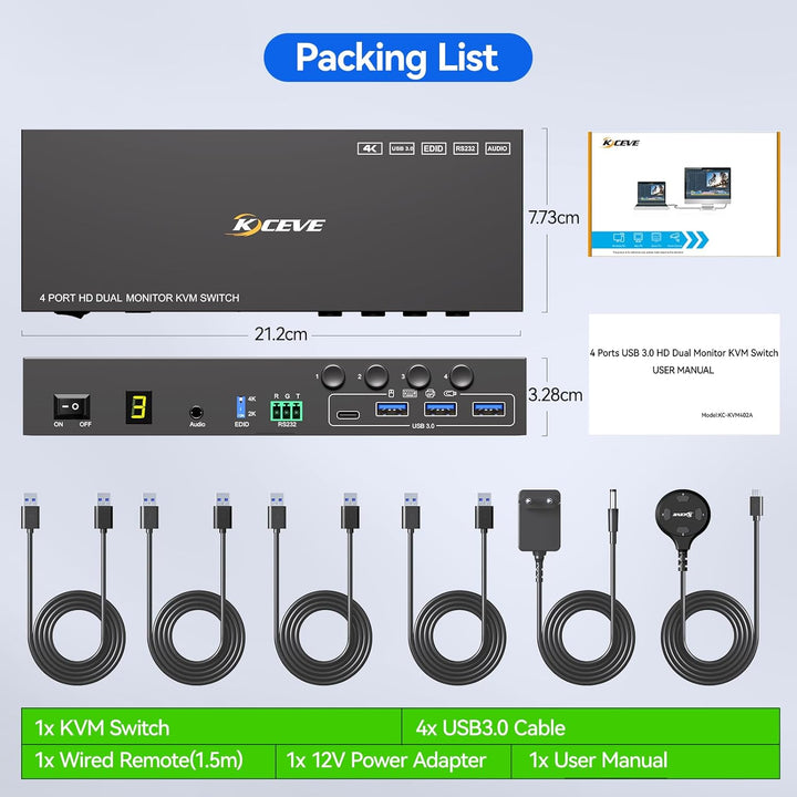 4 Port HDMI KVM Switch 4 PC 2 Monitore 4K@60Hz EDID-Simulation, Dual Monitor KVM Switch mit 4 USB 3.