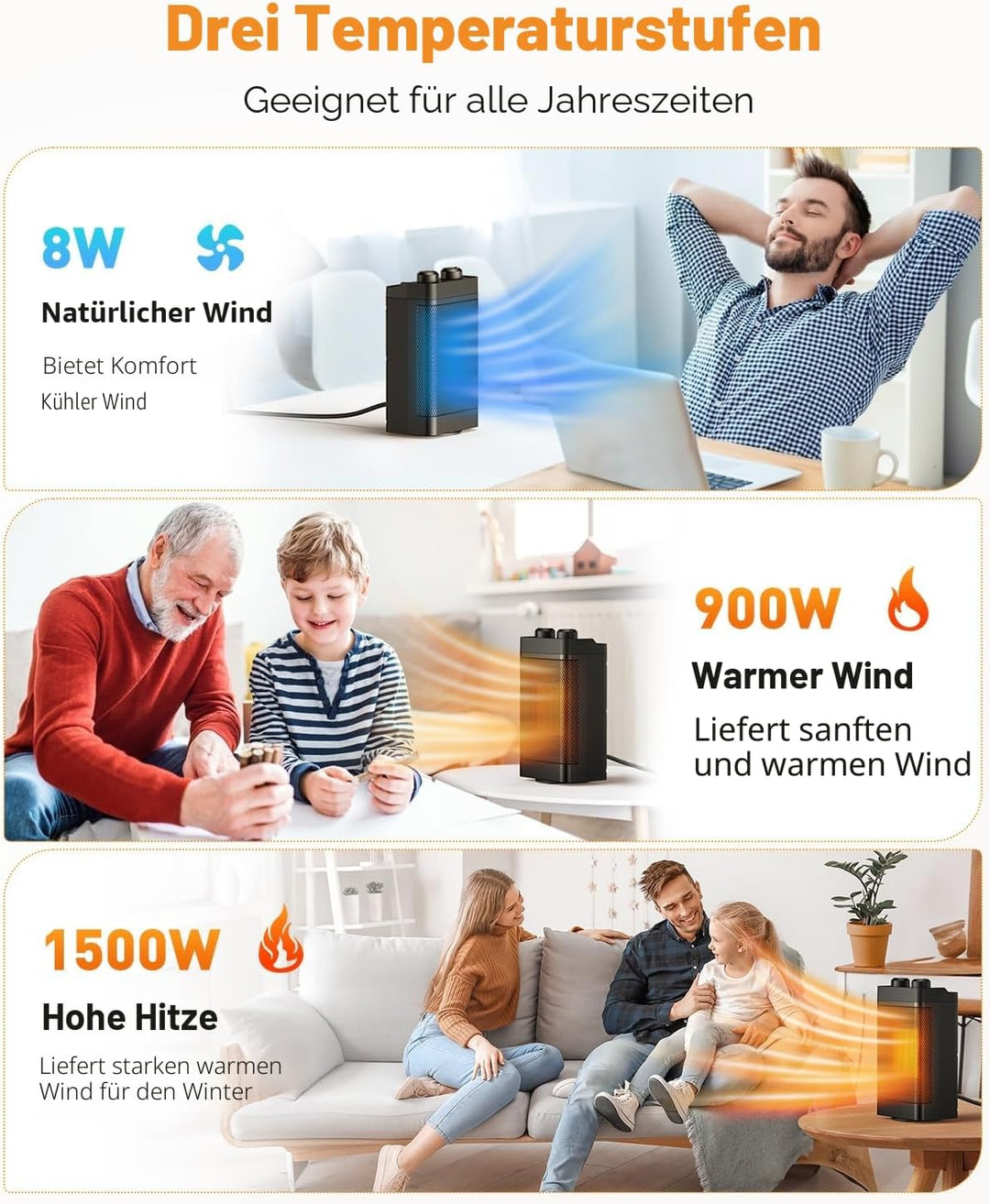 Heizlüfter Energiesparend, 1500W 3 Heizmodi Keramik Elektrische Heizung, 70° oszillierend, Berhitzun