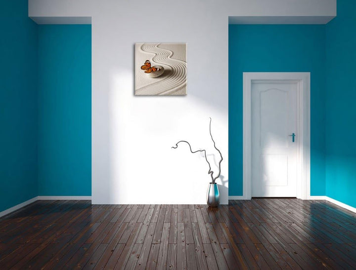 Zen Schmetterling, Format: 70x70 auf Leinwand, XXL riesige Bilder fertig gerahmt mit Keilrahmen, Kun