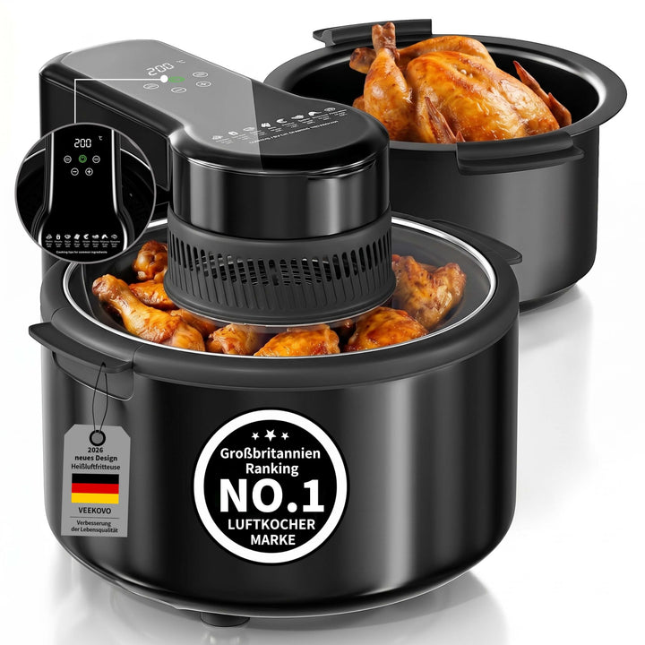 Heissluftfritteuse Airfryer, 5.5L, herausnehmbare Glasbehälter & Deckel, beleuchtetes Sichtfenster,
