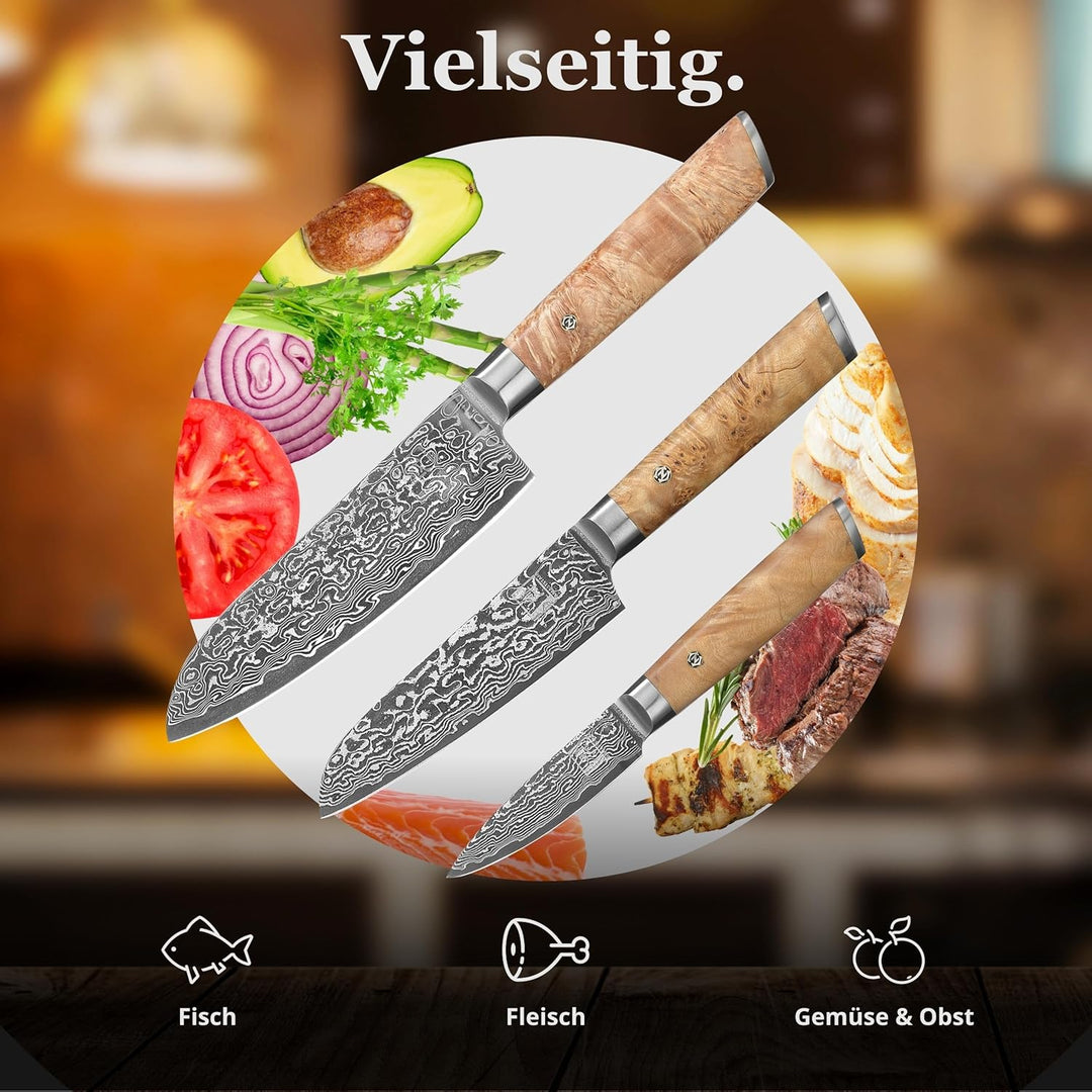 zayiko Kinone Premium 3er Damastmesser-Set mit 8-17 cm Klinge gefertigt aus 67 Lagen echtem Damastst