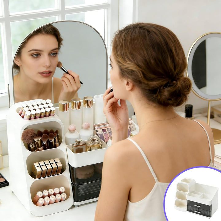 Grosser Makeup Kosmetik Organizer mit Schubladen – 3-in-1 Aufbewahrungsbox für Pinsel & Kosmetik, st