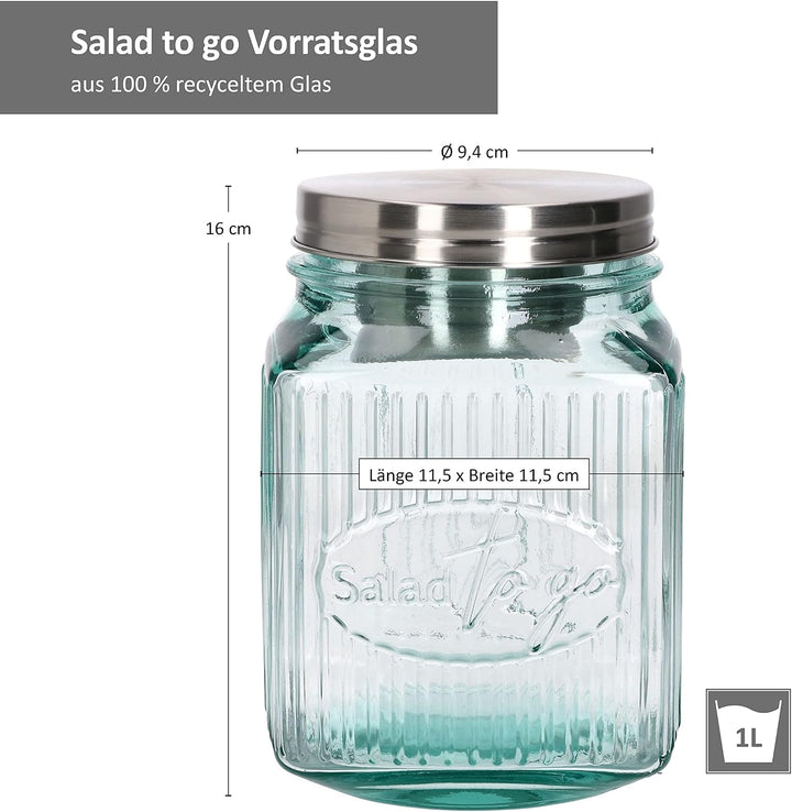 MamboCat 3tlg Set Salat to Go Vorratsglas 1 L I Aufbewahrungsbehälter für Salat I 100% recyceltes Gl