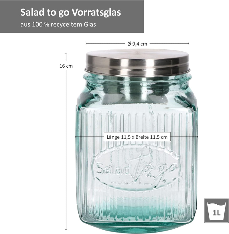 MamboCat 6tlg Set Salat to Go Vorratsglas 1 L I Aufbewahrungsbehälter für Salat I 100% recyceltes Gl