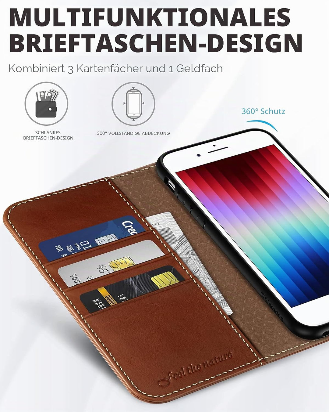 SHIELDON Hülle für iPhone SE 2022/iPhone 8 5G Handyhülle [Rindsleder] [Kartenfach] [Stand], Schutzhü