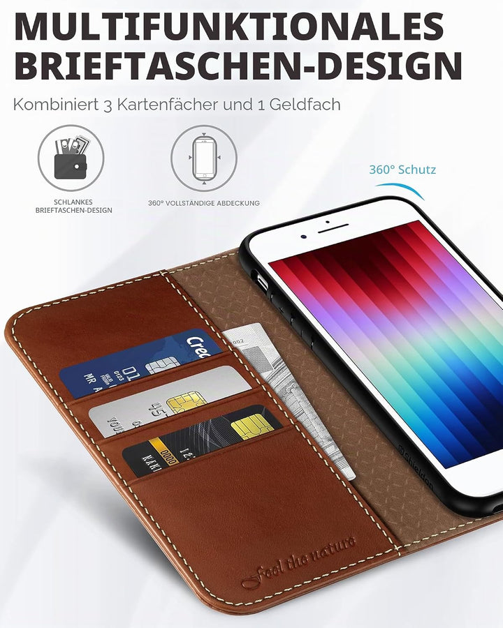 SHIELDON Hülle für iPhone SE 2022/iPhone 8 5G Handyhülle [Rindsleder] [Kartenfach] [Stand], Schutzhü