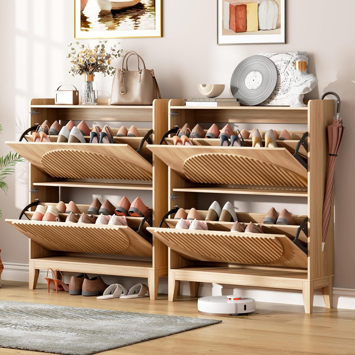 Vlsrka Geriffelte Schuhschrank Schmal Holz, Moderner Schuhkipper mit 2 Klappen, Schuhkipper schmal m