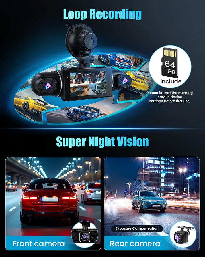 Hikity 2K 360°Dashcam für Auto mit 64G SD Karte,4 Kanal 3 Zoll IPS Bildschirm Dash Cam, Dash Cam 2K+