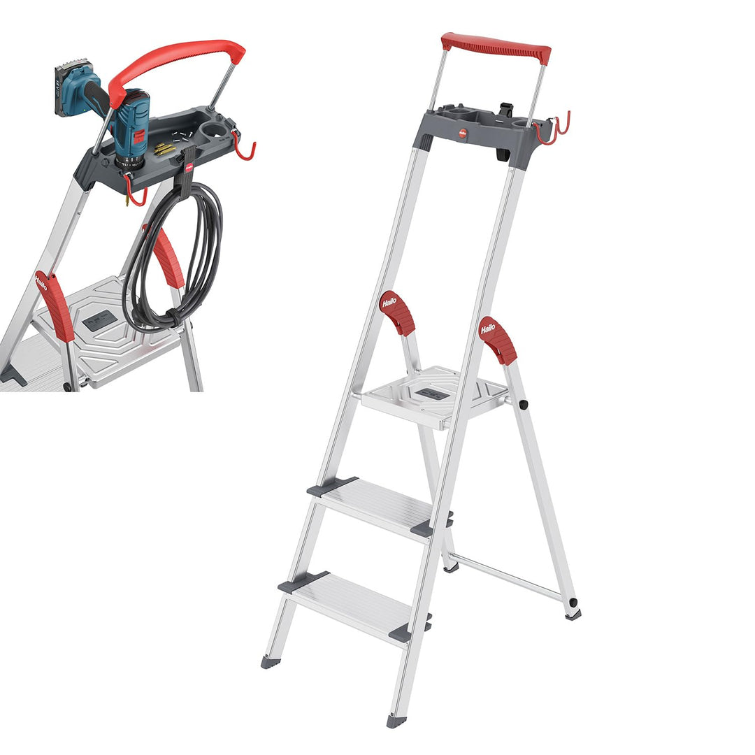 Hailo L84 ComfortLine Alu-Sicherheits-Stehleiter | 3 XXL-Stufen belastbar bis 150 kg | Tiefe Standfl