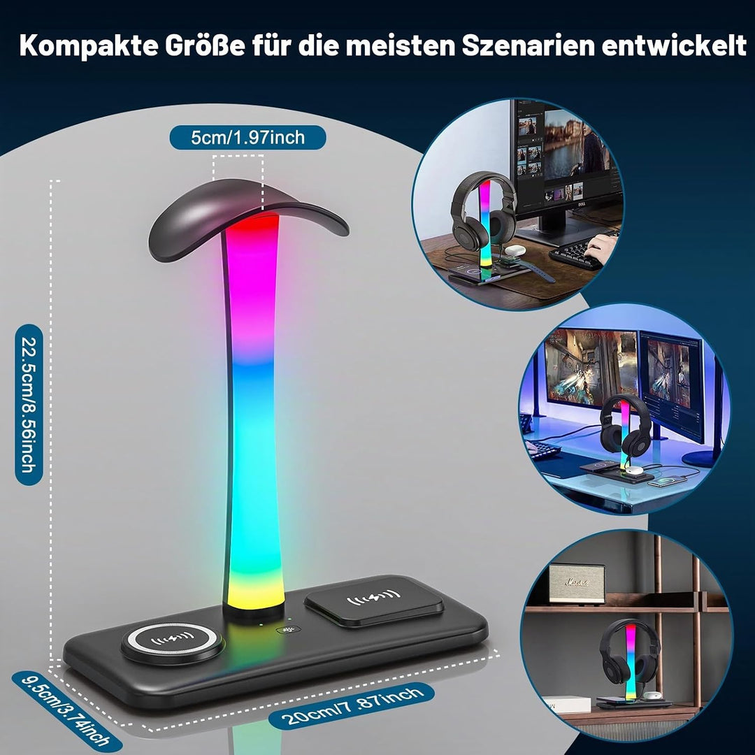 Padwa Lifestyle Wireless-Ladegerät mit RGB-Kopfhörer-LED-Ständer, mit 2 x USB-Anschlüssen und 1 x Ty