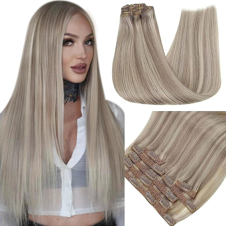 RUNATURE Clip in Echthaar Extensions Dunkel Aschblond mit Platinblond Echthaar Clip in Haarverlanger